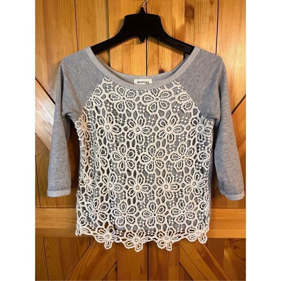 Monteau Tops - Monteau Embroidered Crochet Blouse Top Women's Medium Beige Gray Casual (3023)